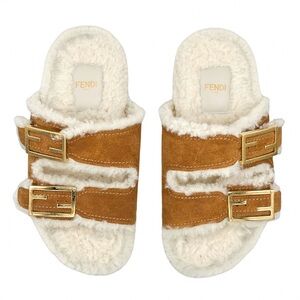 Fendi Feel FF Baguette Brown Sheepskin Slide Buckle Sandals